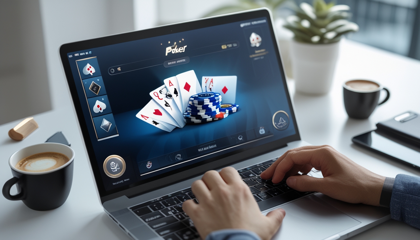 Seseorang bermain poker online menggunakan laptop di meja kerja dengan kartu dan chip poker digital di layar.
