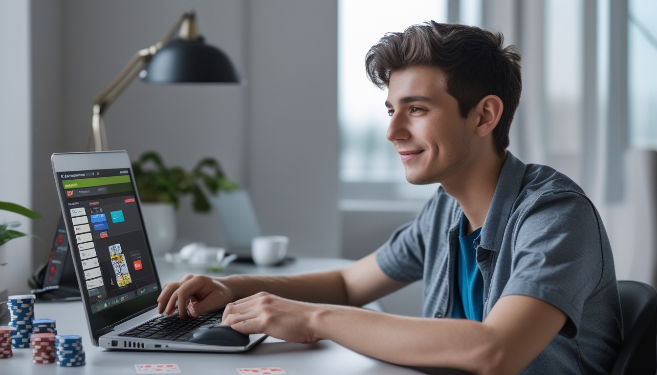 Seorang dewasa muda duduk di meja dengan laptop, kartu poker, dan chip poker di sekitarnya, terlihat fokus dan tersenyum.