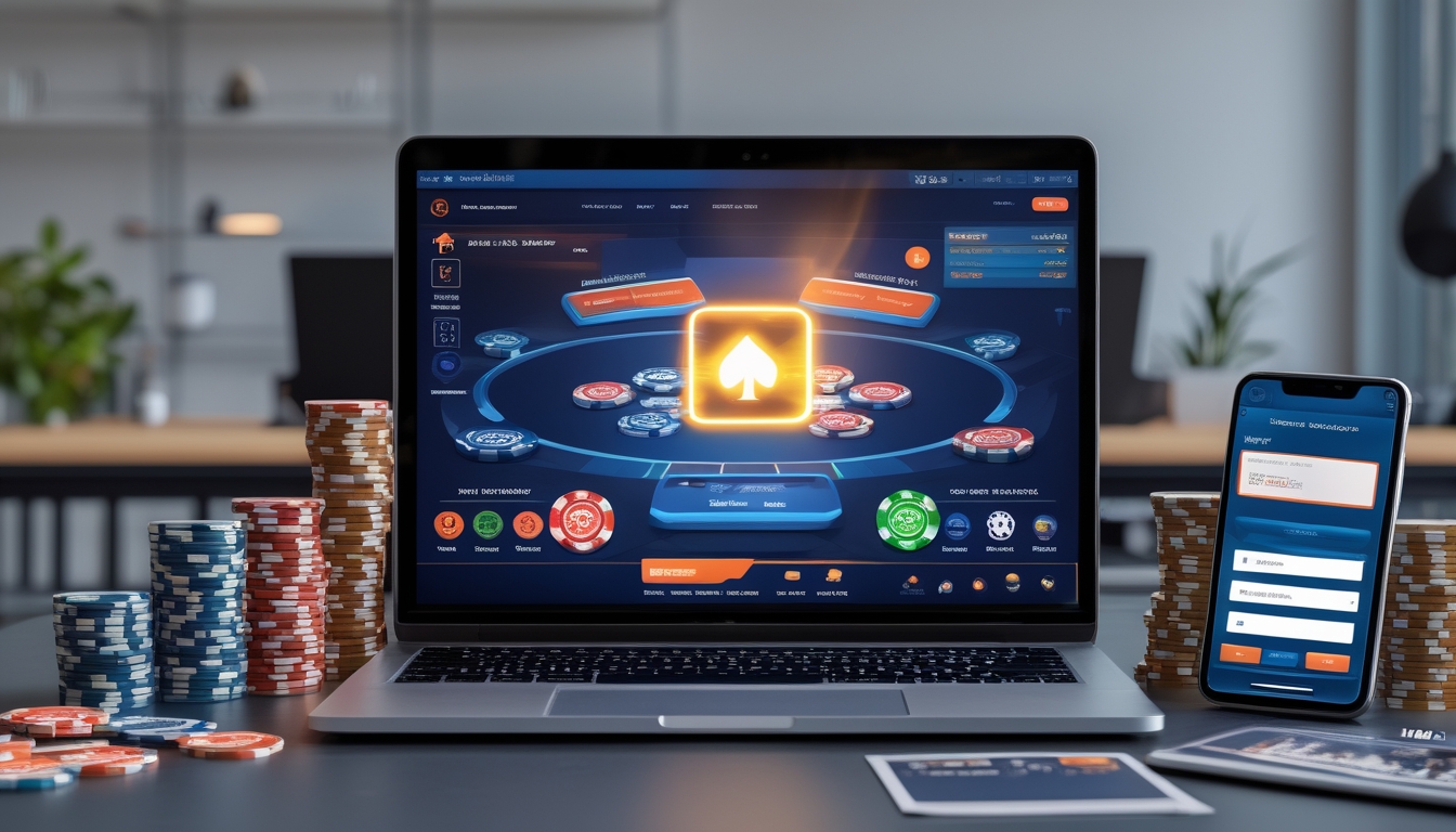 Seseorang menggunakan komputer dengan layar menampilkan permainan poker online dan chip poker di meja, menggambarkan sistem bonus dan tips pendaftaran member baru.
