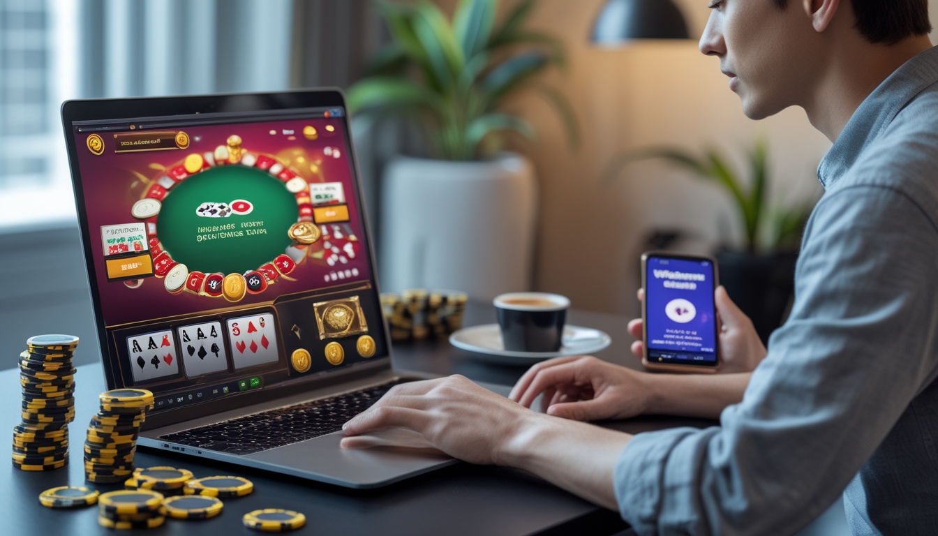 Seorang dewasa muda sedang bermain poker online di laptop dengan tumpukan chip dan ponsel di meja di ruang kerja rumah.