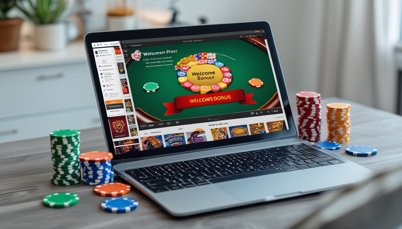 Seorang pemain duduk di depan laptop dengan permainan poker online terbuka, dikelilingi oleh chip poker dan kartu remi di meja kerja yang rapi.
