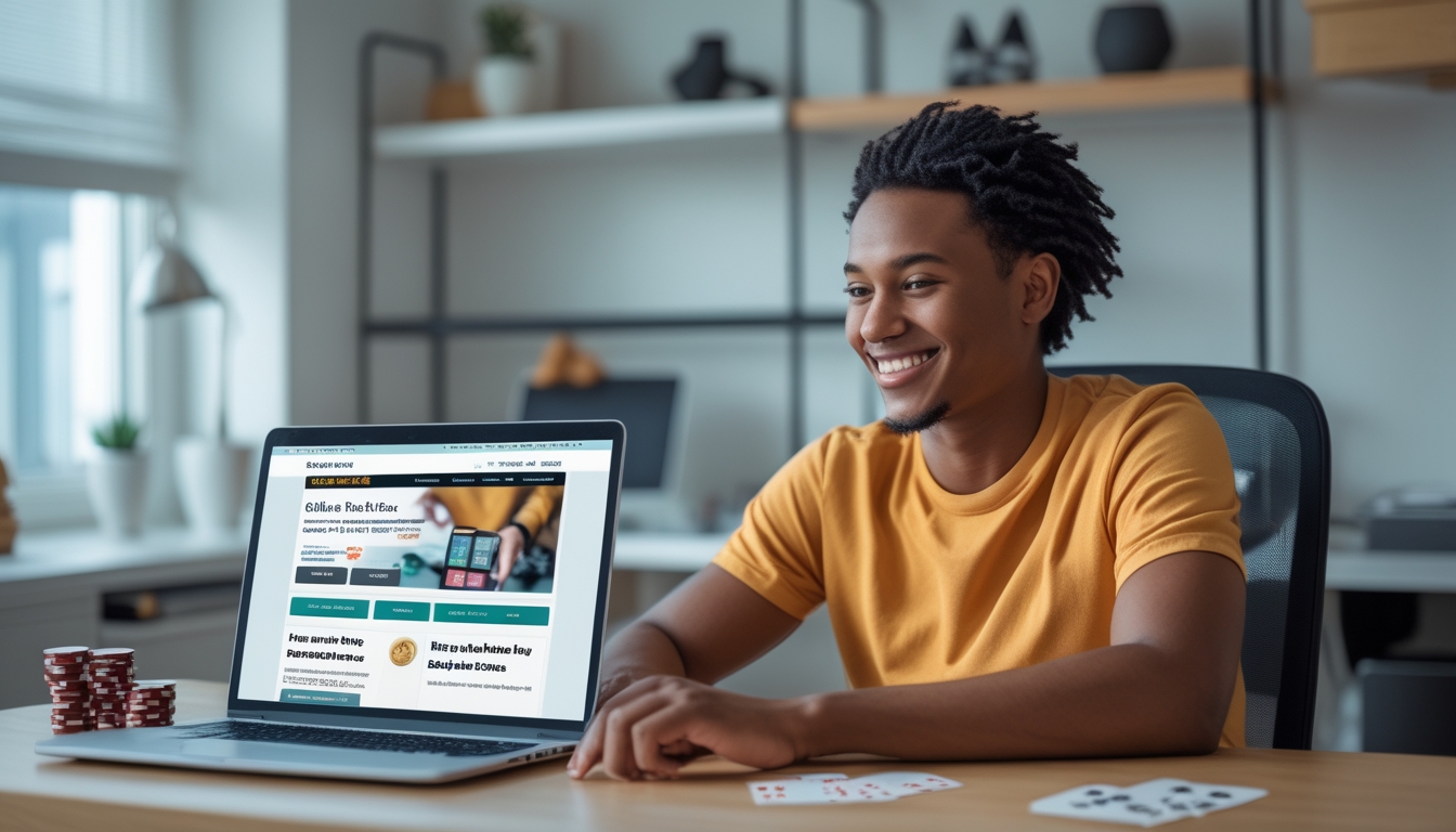 Seorang dewasa muda duduk di meja dengan laptop terbuka, tersenyum dan fokus bermain poker online, dengan chip dan kartu poker di meja.