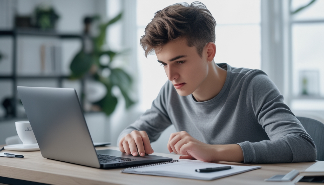 Seseorang duduk di meja kerja dengan laptop dan alat tulis, terlihat fokus mempersiapkan diri sebelum registrasi poker online.