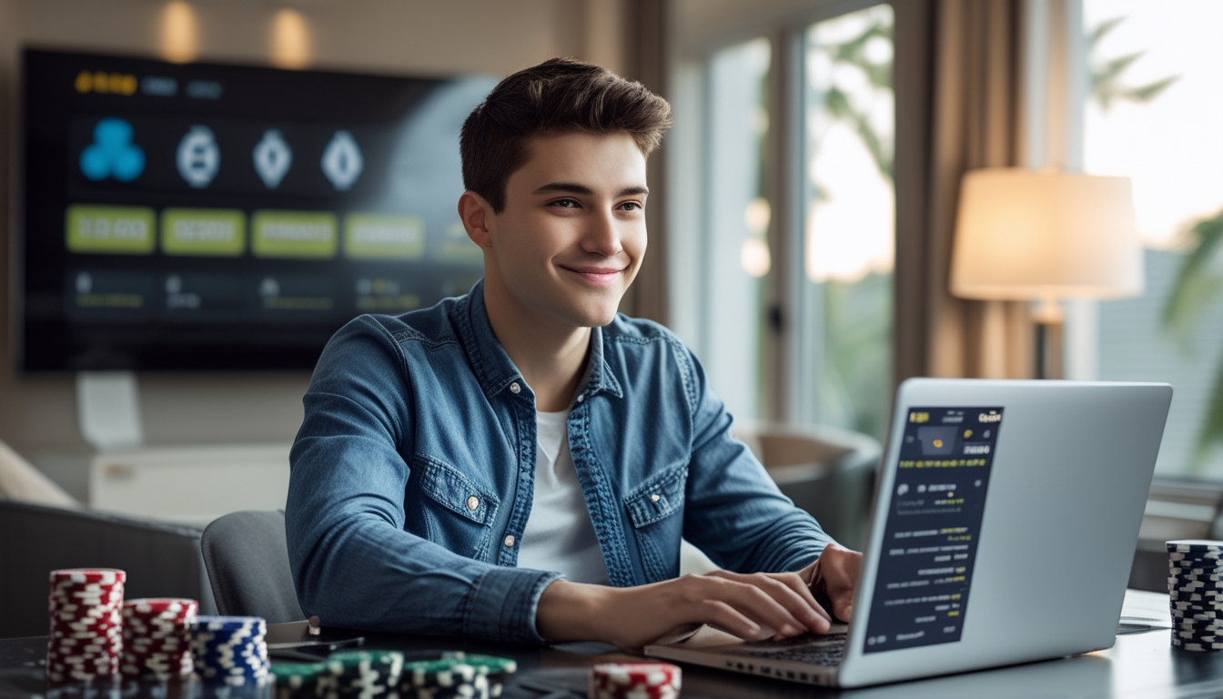 Seorang dewasa muda duduk di meja dengan laptop dan chip poker, tersenyum sambil bermain poker online.