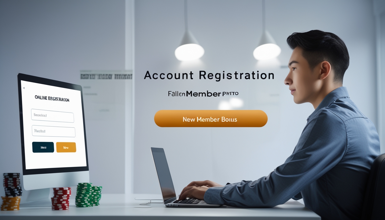 Seseorang sedang duduk di meja dengan laptop, mengisi formulir pendaftaran akun poker online dengan kartu remi dan chip poker di dekatnya.