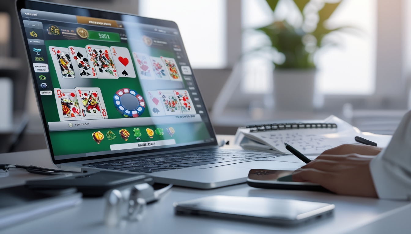 Meja kerja dengan laptop menampilkan permainan poker online, chip poker, kartu, buku catatan dengan tulisan, dan ponsel di sampingnya.