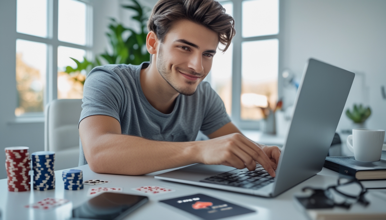 Seorang dewasa muda duduk di meja dengan laptop dan perlengkapan poker, sedang mendaftar poker online di ruang kerja yang terang.