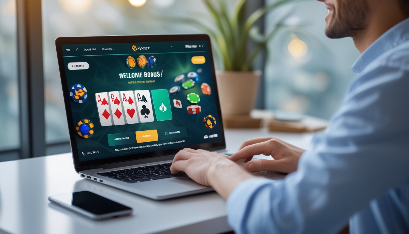 Seseorang duduk di depan laptop dengan permainan poker online terbuka dan ponsel di meja yang menunjukkan notifikasi bonus selamat datang.