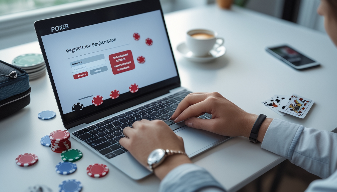 Seseorang sedang mengetik di laptop dengan tumpukan chip poker dan kartu bermain di meja, menunjukkan proses pendaftaran akun poker online.