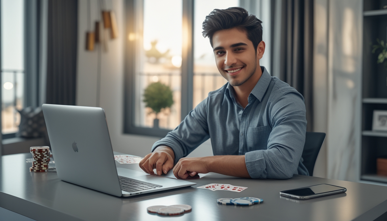 Seorang dewasa muda duduk di meja modern dengan laptop terbuka menampilkan permainan poker, dikelilingi kartu remi dan chip poker di ruang kerja yang terang dan rapi.