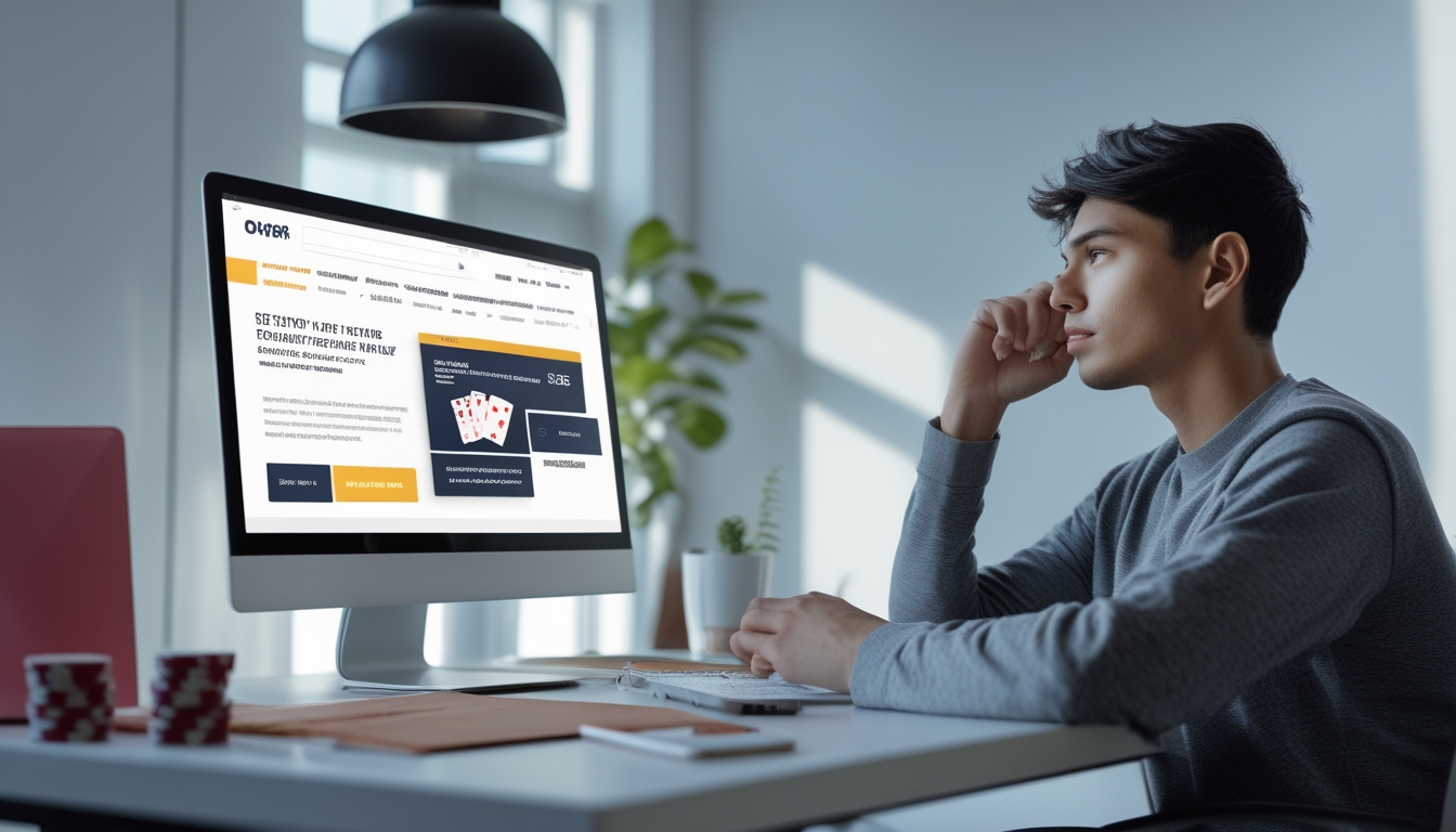 Seorang dewasa muda duduk di meja dengan laptop terbuka, sedang melihat situs poker online dengan kartu dan chip poker di sekitar.