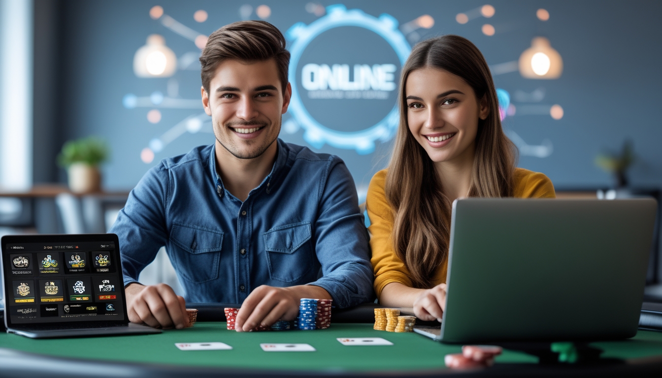 Dua orang muda duduk di meja poker dengan chip dan kartu, menggunakan laptop untuk bermain poker online, terlihat fokus dan senang.