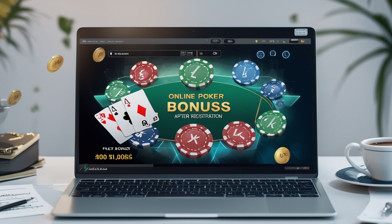 Seorang pemain poker online menggunakan komputer dengan tumpukan chip poker dan kartu di meja, menunjukkan suasana bermain poker daring.