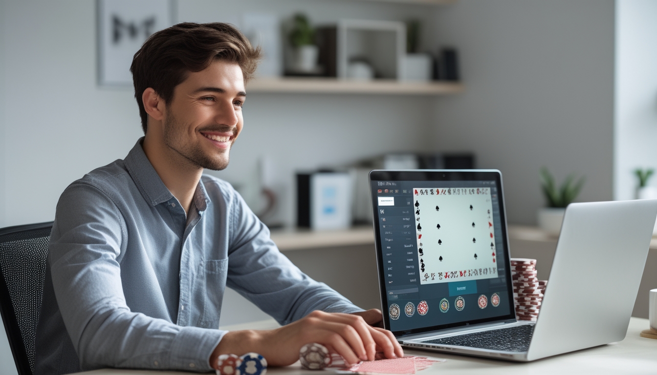 Seseorang duduk di meja dengan laptop yang menampilkan permainan poker online, dikelilingi chip poker dan kartu remi di ruang kerja yang terang dan rapi.