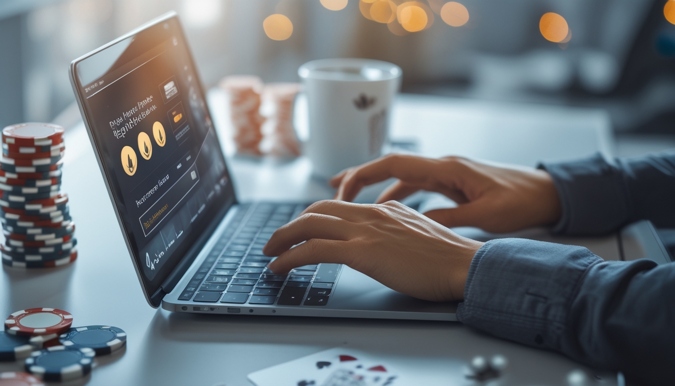 Seseorang sedang mengetik di laptop dengan layar yang menampilkan situs poker online, dikelilingi oleh chip poker, kartu remi, dan ponsel di atas meja kerja.