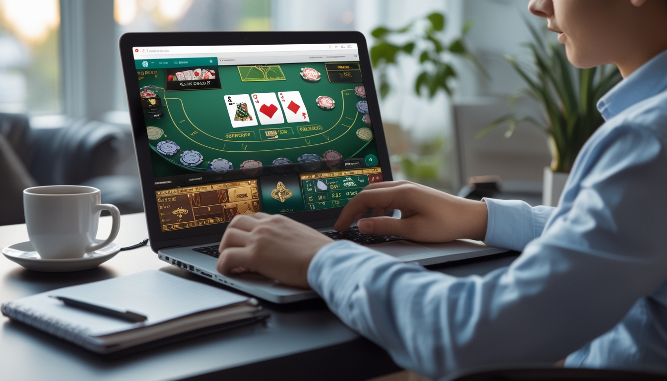 Seorang pemula bermain blackjack online di laptop di ruang tamu yang nyaman dengan suasana aman dan fokus.