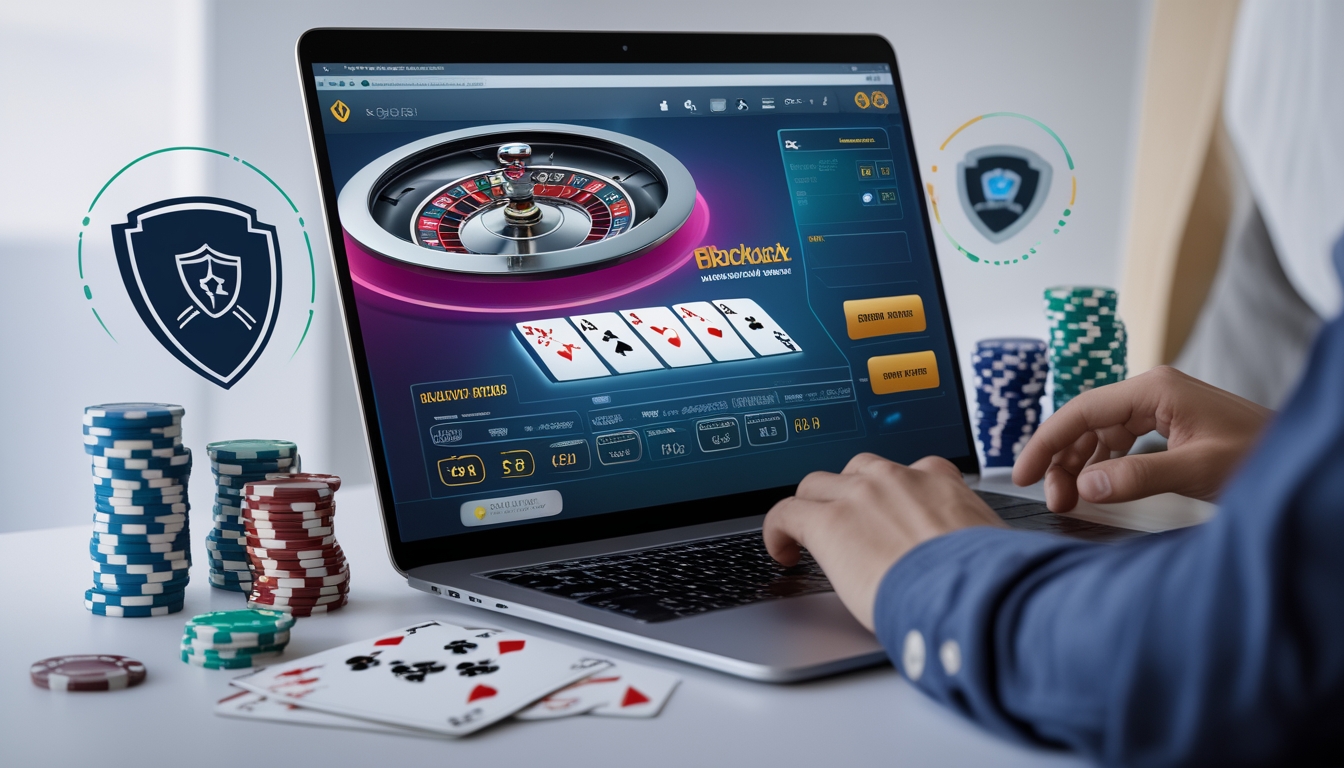 Seorang pemain yang fokus bermain blackjack online di depan komputer dengan kartu dan chip poker di meja.