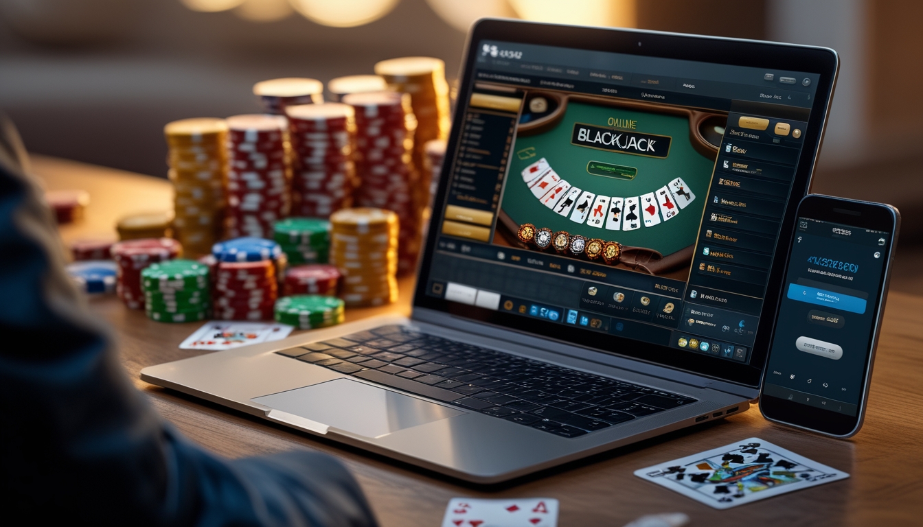 Seorang pemain menggunakan laptop dan smartphone untuk bermain blackjack online dengan kartu dan chip poker di meja.