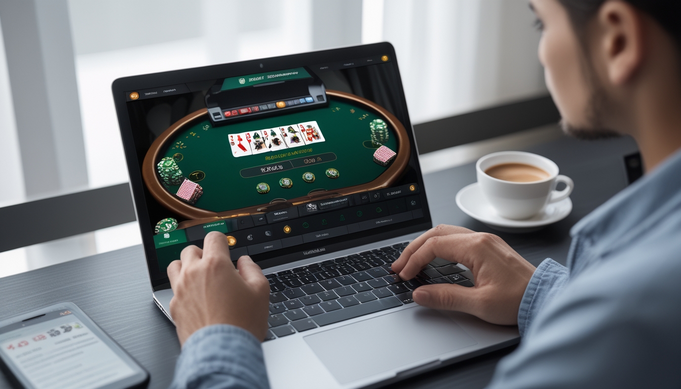 Seseorang bermain blackjack online menggunakan laptop di meja kerja dengan kartu dan chip terlihat di layar komputer.