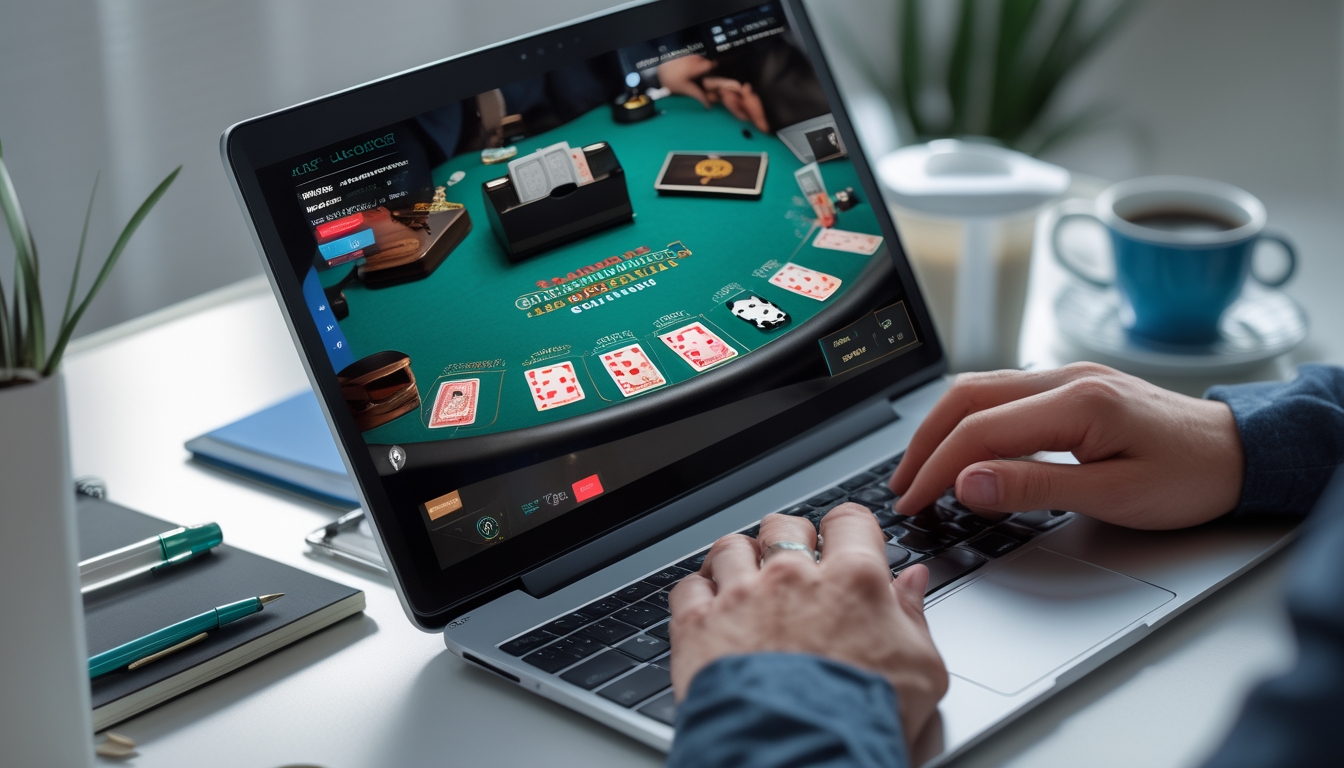 Seseorang bermain blackjack online di depan komputer dengan kartu dan chip, suasana tenang dan fokus.