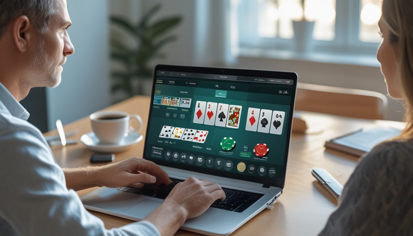 Dua orang dewasa bermain blackjack online di laptop di ruang kerja rumah yang terang dan rapi.