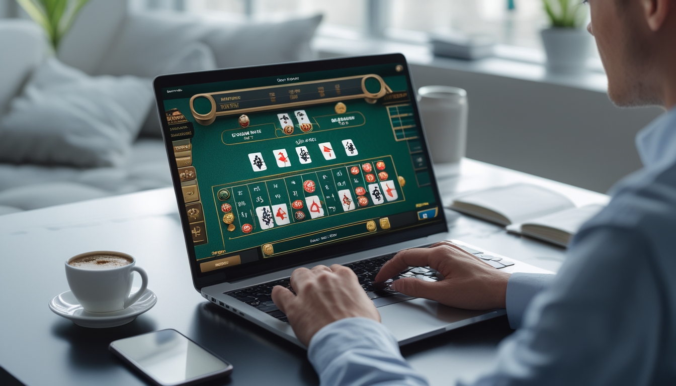 Seorang pria atau wanita sedang bermain blackjack online di depan laptop dengan ekspresi fokus di sebuah ruangan yang terang dan rapi.