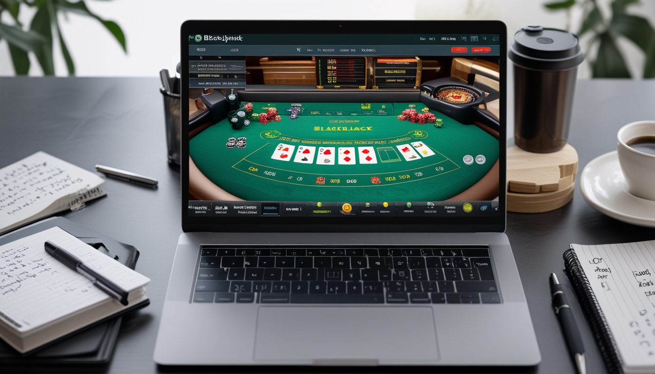 Seorang pemain sedang bermain blackjack online di depan komputer dengan kartu dan chip terlihat jelas, di meja juga terdapat buku catatan dan kopi.