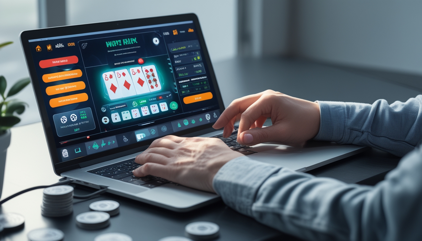 Seorang pemain sedang menggunakan komputer untuk bermain blackjack online dengan kartu dan chip di meja yang rapi.