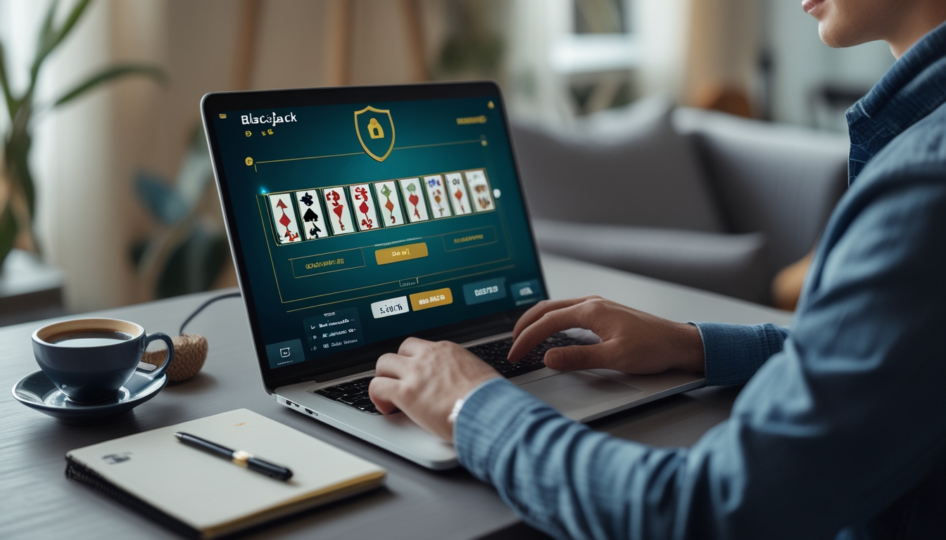 Seseorang sedang bermain blackjack online dengan laptop di meja kerja di rumah yang nyaman.