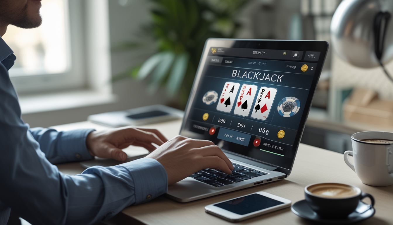 Seseorang sedang bermain blackjack online menggunakan laptop di ruang kerja rumah yang rapi dan terang.