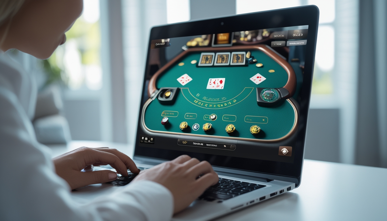 Seorang pemain dewasa sedang bermain blackjack online di komputer dengan tampilan meja blackjack virtual dan chip di layar.