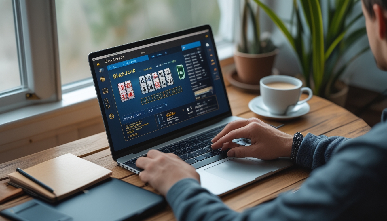 Seseorang sedang bermain blackjack online di laptop di sebuah ruangan yang nyaman dengan cahaya alami dan tanaman hijau di latar belakang.