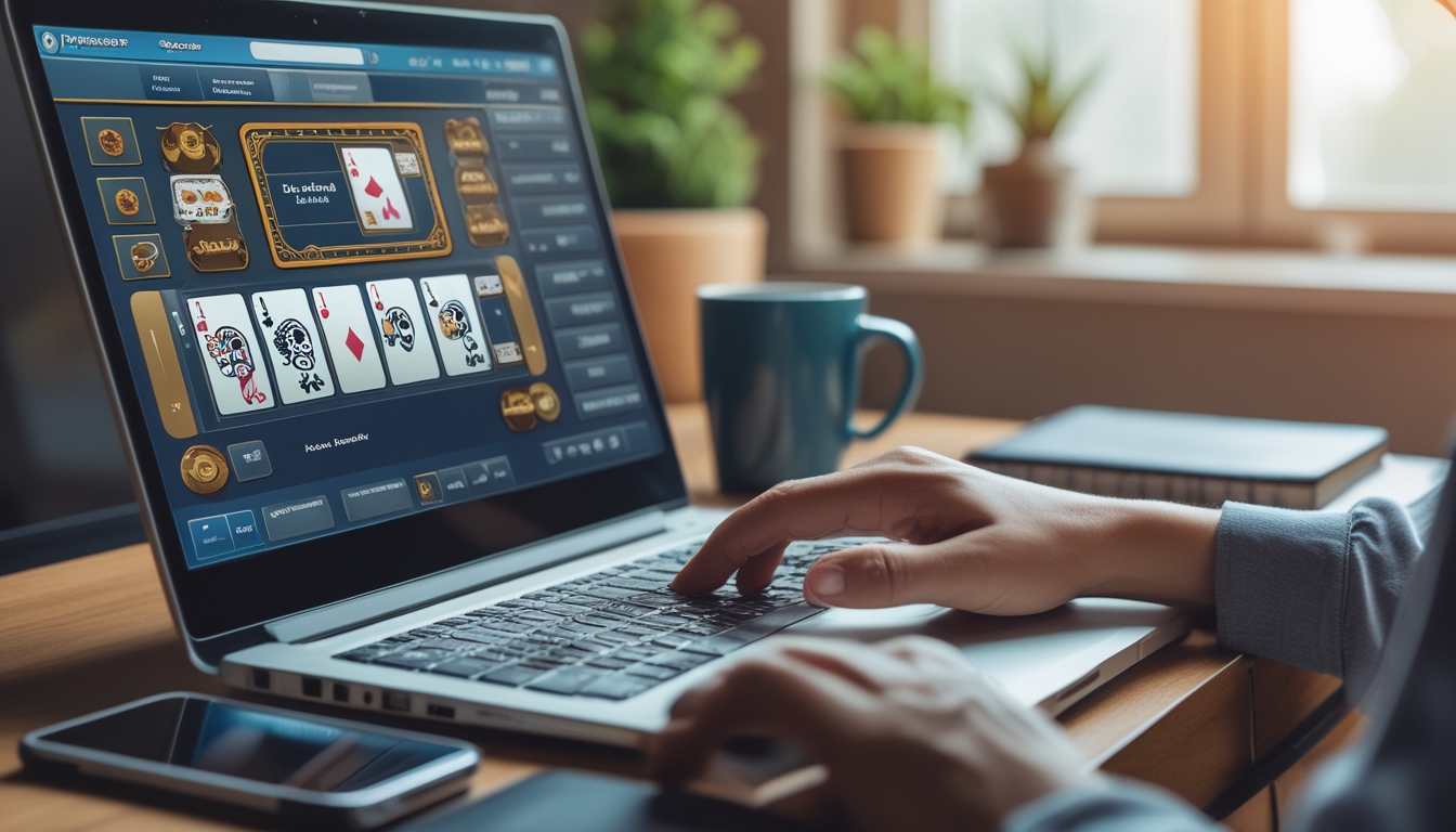 Seseorang sedang bermain blackjack online di laptop di sebuah ruangan yang nyaman dengan pencahayaan alami.
