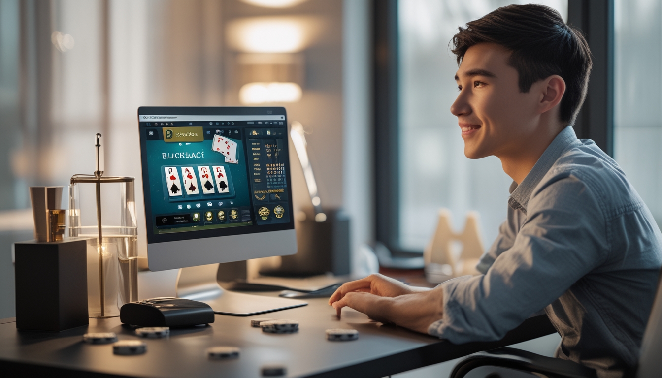 Seorang pria muda duduk di meja dengan laptop yang menampilkan permainan blackjack online, terlihat fokus dan santai di ruang kerja yang terang dan rapi.