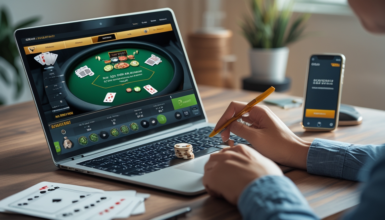 Seorang pemain blackjack online menggunakan laptop di meja kerja dengan kartu, chip, dan catatan di sekitarnya.