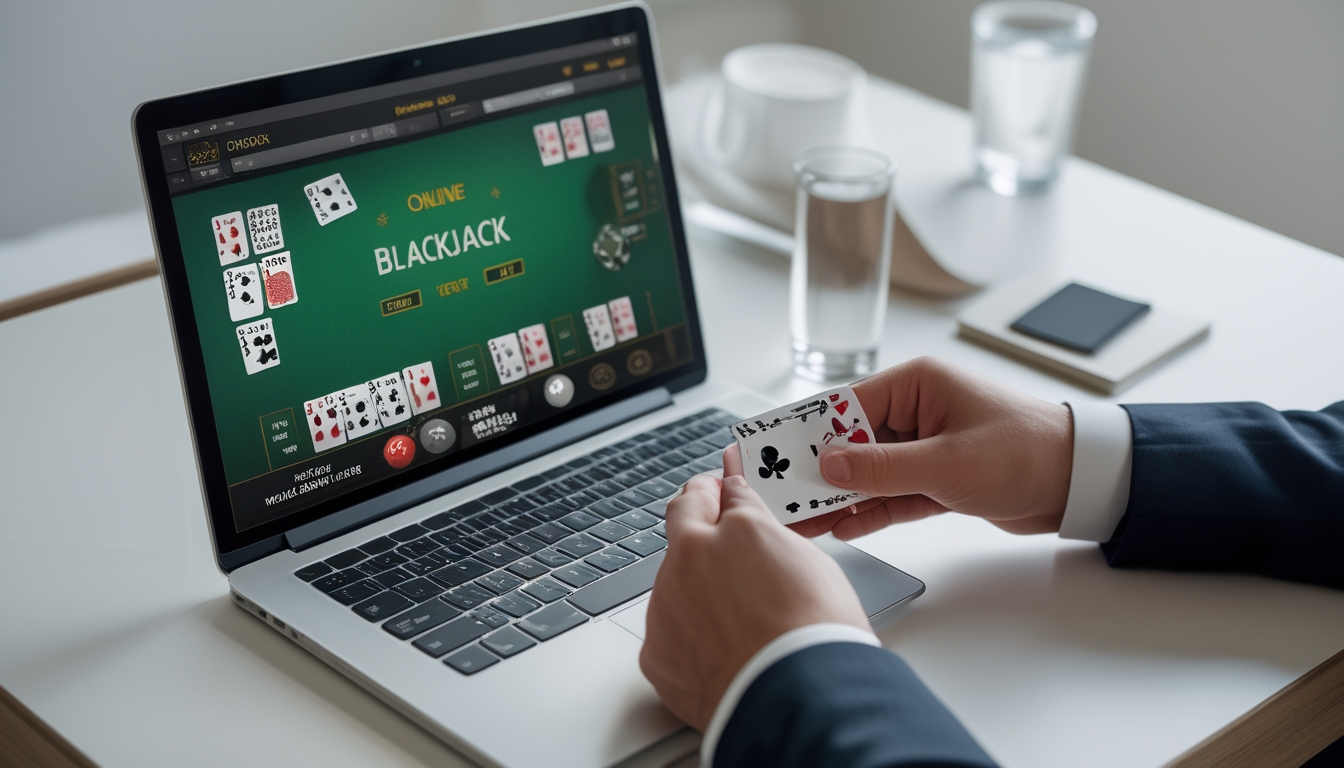 Seseorang bermain blackjack online di laptop dengan kartu dan chip, suasana tenang dan fokus.