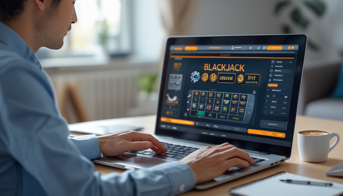 Seorang dewasa sedang bermain blackjack online di komputer di ruang tamu yang rapi dengan pencahayaan alami.