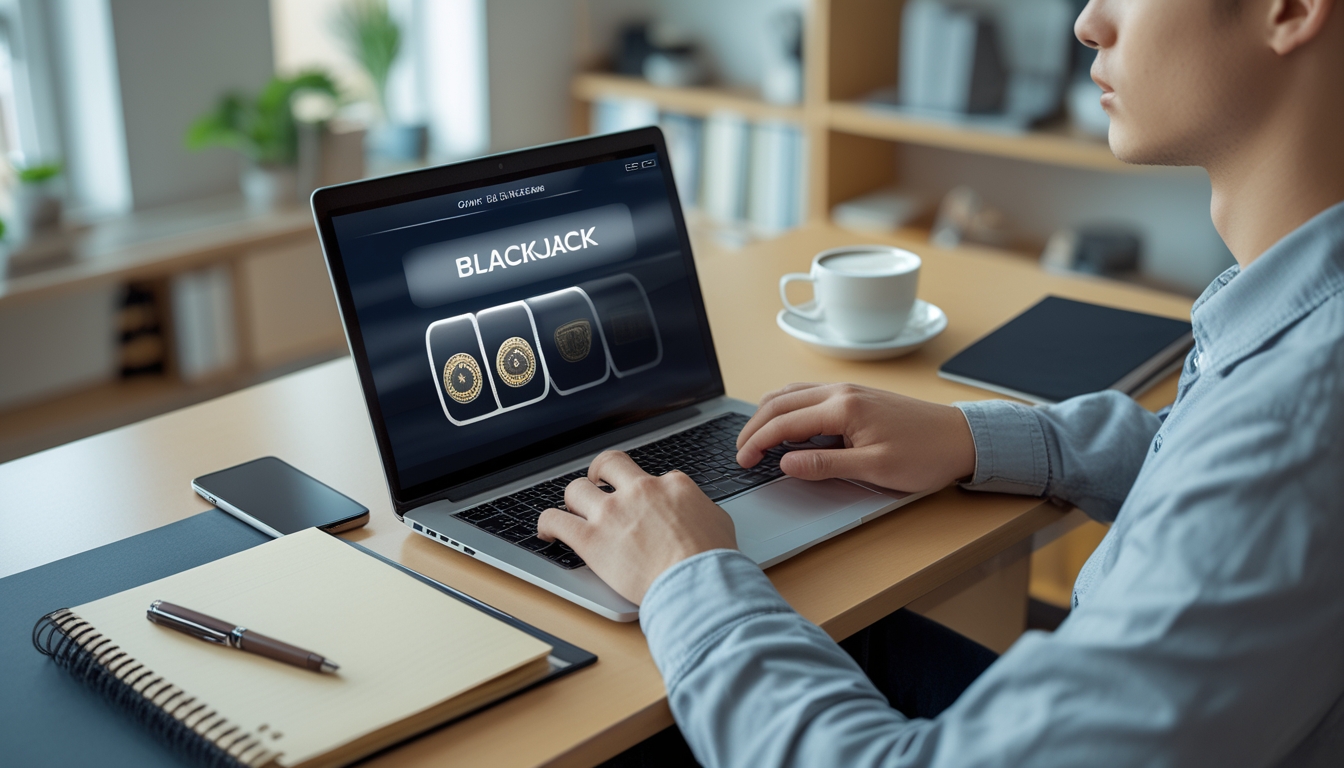 Seorang dewasa muda bermain blackjack online di laptop di ruang tamu yang nyaman dengan meja yang rapi dan cahaya alami.