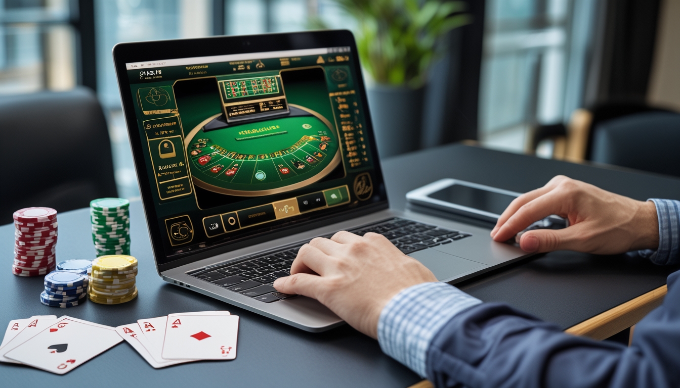 Seorang pemain sedang menggunakan komputer untuk bermain blackjack online dengan chip dan kartu di meja.