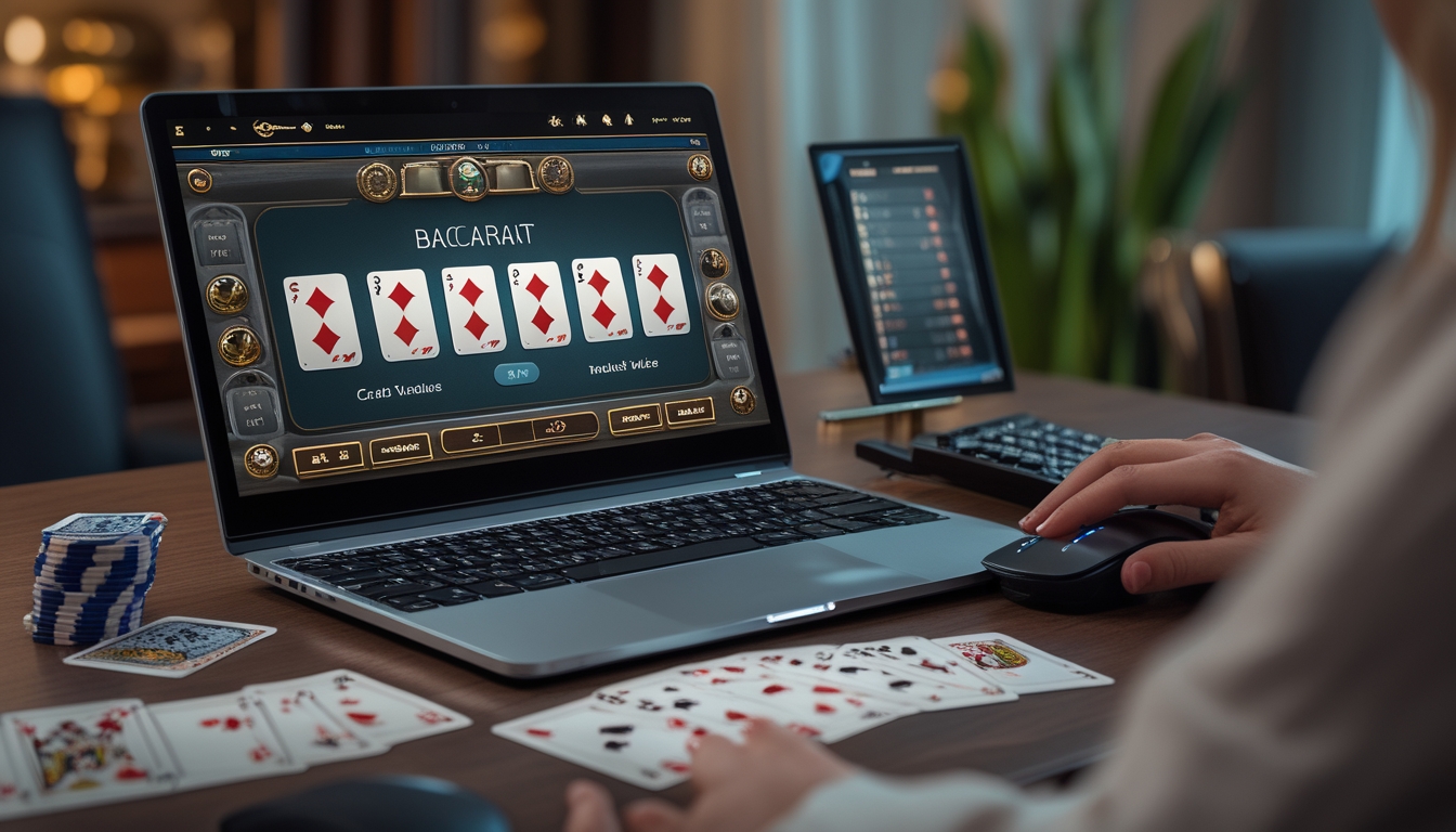 Meja dengan laptop yang menampilkan permainan baccarat online dan kartu baccarat yang tersusun rapi.