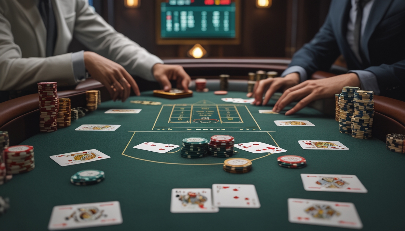 Meja permainan baccarat dengan kartu dan tumpukan chip, pemain fokus pada permainan di latar belakang.