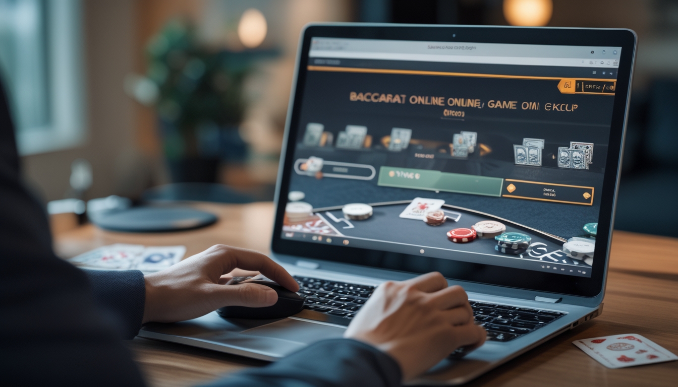 Tangan seseorang sedang bermain baccarat online di depan layar komputer dengan kartu dan chip terlihat jelas.