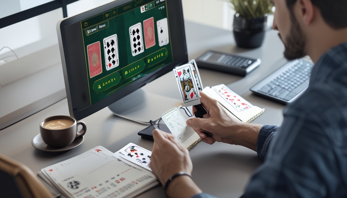 Seseorang sedang menganalisis kartu baccarat online di depan layar komputer dengan buku catatan dan pena di meja kerja yang rapi.