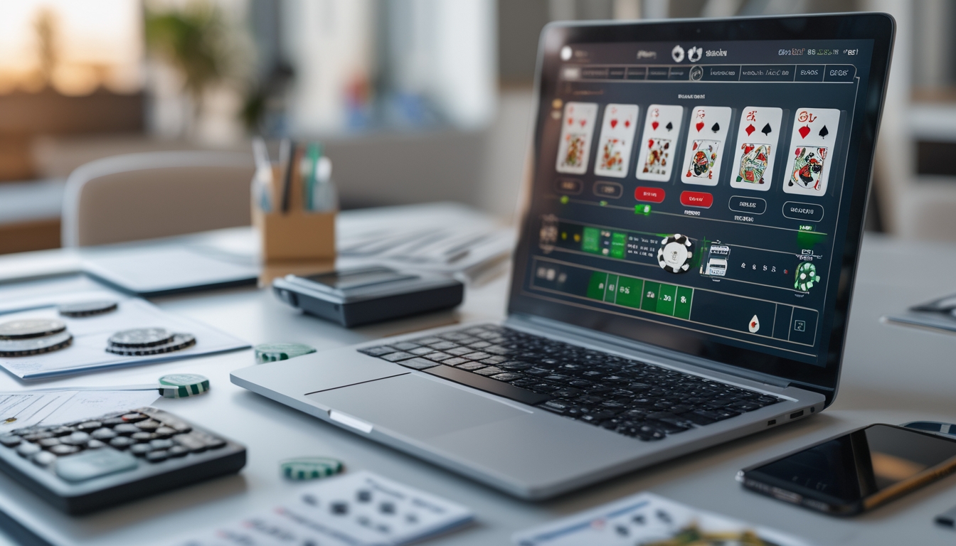 Seorang pemain profesional sedang menggunakan laptop dengan permainan baccarat online dan alat perhitungan di meja.