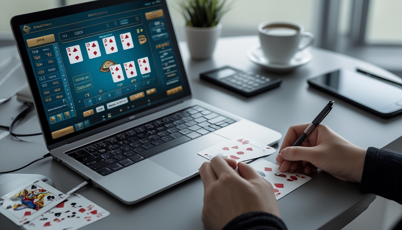 Seorang pemain sedang menghitung kartu baccarat online di depan laptop dengan kartu dan buku catatan di meja.