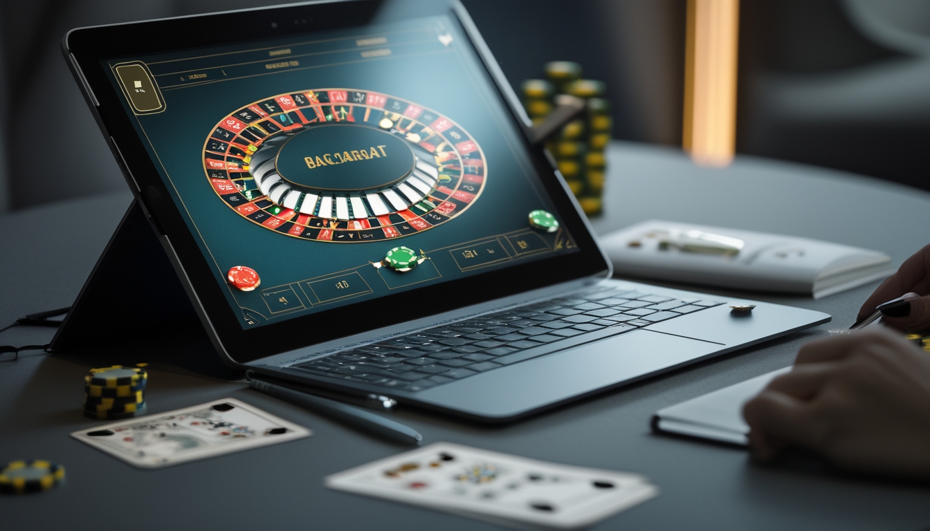 Sebuah meja dengan perangkat digital menampilkan permainan baccarat online, dikelilingi oleh catatan dan pena untuk perhitungan strategi.