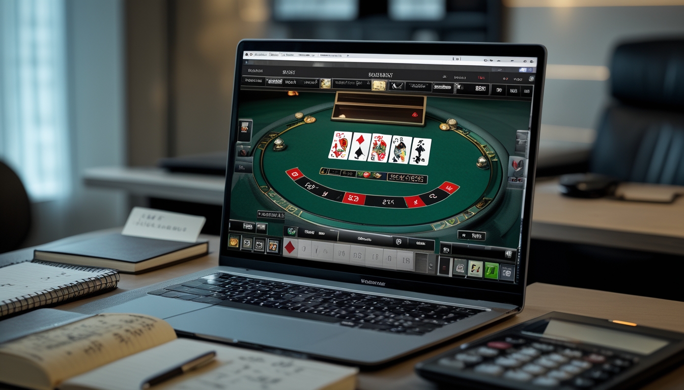 Seorang pemain sedang fokus menggunakan komputer dengan tampilan permainan baccarat online dan alat tulis di meja sebagai simbol perhitungan strategi.