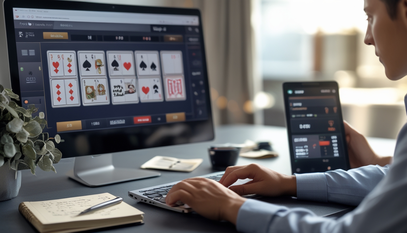 Seorang pemain muda sedang fokus bermain baccarat online di depan komputer dengan kartu dan catatan di sekitarnya.