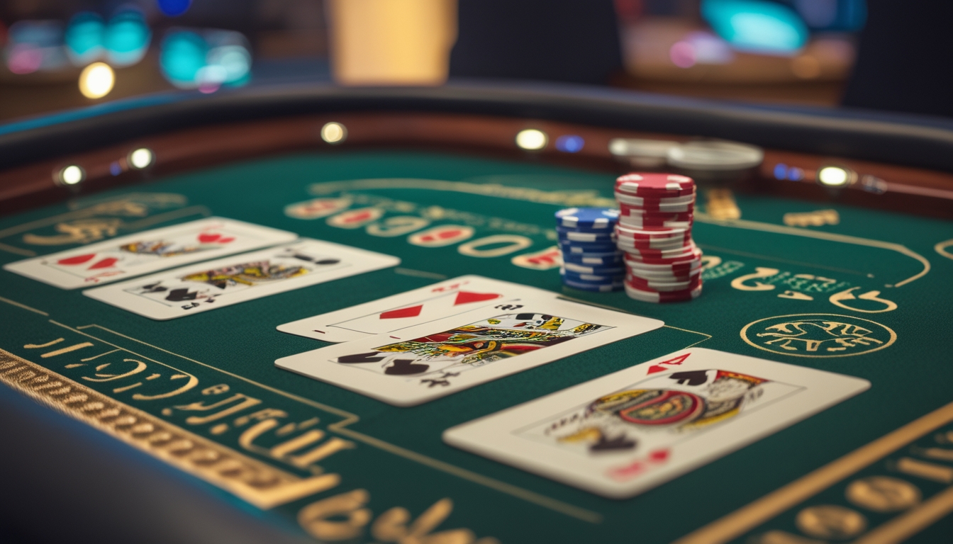 Meja kasino dengan kartu Baccarat dan tumpukan chip, menampilkan suasana permainan kartu yang sedang berlangsung.
