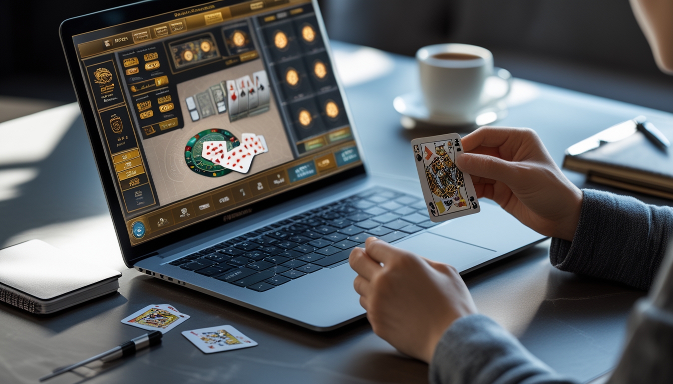 Seseorang sedang bermain baccarat online di laptop dengan kartu dan chip terlihat jelas, di meja terdapat buku catatan dan kopi.